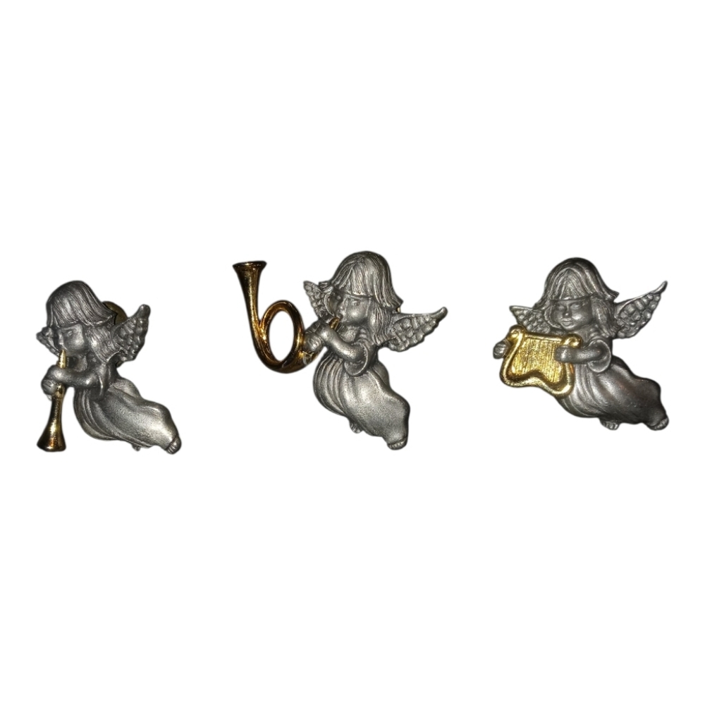 3 pewter angel cherub brooches
